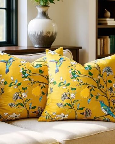 Mustard Yellow Floral Pillow Covers 18x18 Set of 2, Velvet Wild Flower Plant Throw Pillows Case, Square Farmhouse Decor Cushion Covers for Home Sofa Bed Couch