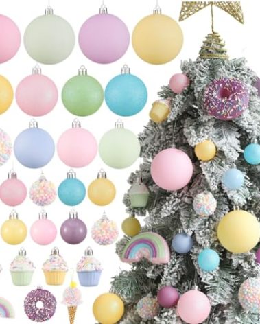 Pastel Christmas Tree Ornaments 46PCS Pink Yellow Blue Rainbow Shatterproof Xmas Hanging Ornaments for Tree Home Holiday Candyland Party Centerpiece Wreath Garland Decor