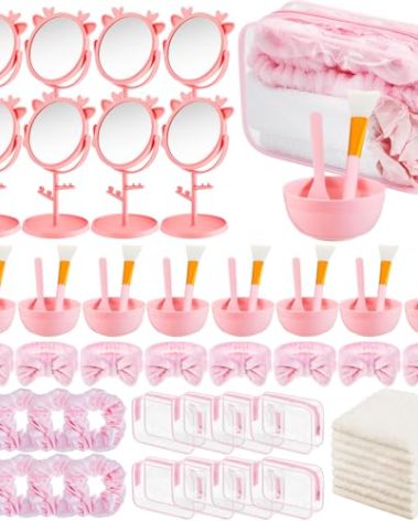 Shinylin 96pcs Spa Sleepover Party Favor Supplies Bulk, Include Face Mask Mixing Bowl Set, Mirror, Headband, Scrunchies, Cosmetic Bags, Face Wash Cloths for Spa Sleepover Birthday Party (Pink)