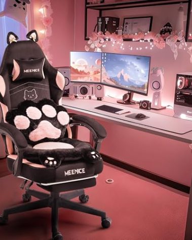 MEENICE Pink Gaming Chair Cute with Cat Ears Paw Lumbar and Cushion,Ergonomic Computer Chair with Footrest,Reclining PC Game Chair for Girl Computer Chair 300lbs for Adult