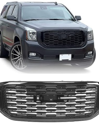 FIONE Front Bumper Grille Grill Compatible with GMC Yukon/Yukon XL 2015-2020 Replacement Glossy Black Denali Style GM1200702 84119634 84722260