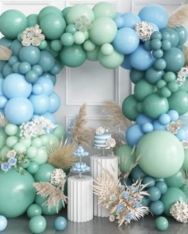 Dusty Slate Blue and Green Balloon Arch Kit, Light Baby Blue Green Balloon Garland, Baby Boy Balloons for Boys Baby Shower Jungle Woodland Ocean Beach Under The Sea Theme Birthday Party Decorations