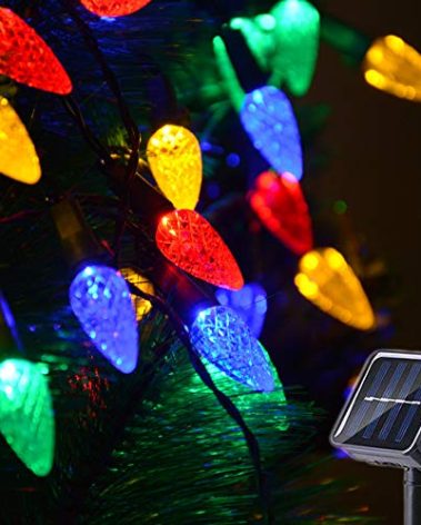 Solar Christmas Lights Outdoor C6 Strawberry String Lights, LED Christmas Fairy Lights 50 LEDs Solar Operated Rechargeable Garden Lights for Christmas Tree, Holiday, Arbor Decor (Multicolor, 8 Modes)