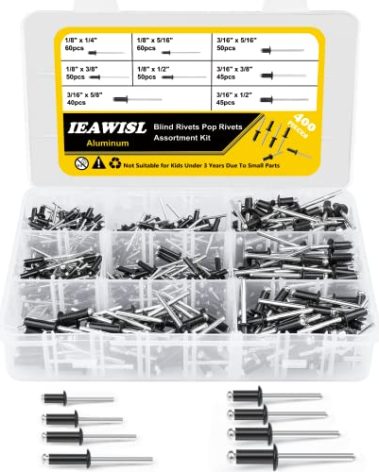 400PCS Black Pop Rivets Assortment Kit, 8 SAE Sizes Aluminum Rivets (1/8" 3/16") with Reinforced Divider & Labeled Case for Storage