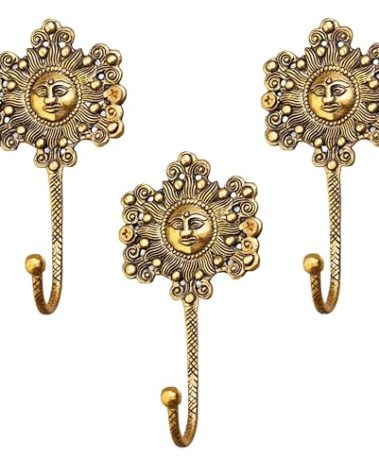 Indian Shelf 3 Pieces Decorative Gold Sunflower Hooks Brass Wall Key Holder Vintage Golden Home Decor Sun Wall Coat Hook
