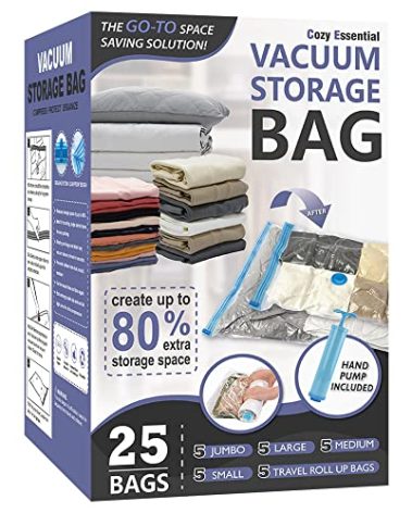 25 Pack Vacuum Storage Bags, Space Saver Vacuum Storage Bags, Vacuum Seal Bags for Clothing, Clothes, Comforters and Blankets, Hand Pump Included