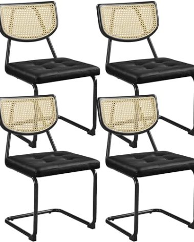 Yaheetech Rattan Dining Chairs Set of 4 Mid Century Modern Dining Room Chairs with Chrome Legs and Rattan Back for Home Kitchen, Faux Leather, Black