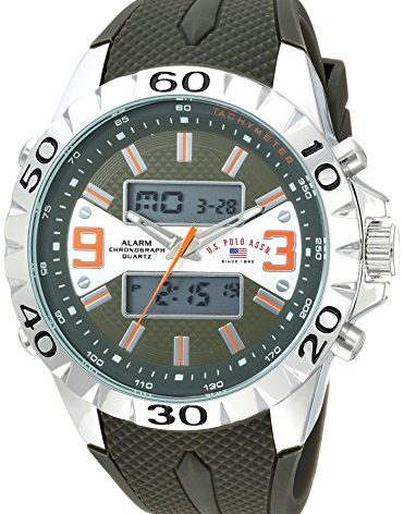U.S. Polo Assn. Men's Ana-Digital Chronograph Watch Olive Green Textured Strap Large 50mm Silver-Tone Bezel Tachymeter Dual Display Alarm Quartz Movement Fits Wrists 5.5" to 8"