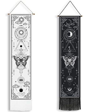 Newwiee 2 Pcs Black and White Vertical Tapestry Sun and Moon Moth Vintage Tapestry Aesthetic Hanging Gothic Witchy for Halloween Living Room and Bedroom Wall Decor,12.8 x 53.1 Inches