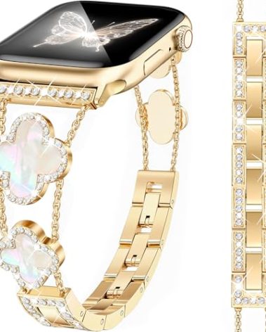 MOINSPIRE Gold Bling Diamond Clover Bands Women Compatible with Apple Watch 42mm(S3/2/1) 44/45/46/49mm Lucky Cute Sparkle Dressy Bracelet Metal Strap for iWatch Series 11/10/9/8/7/6/5/4/SE/Ultra 3/2/1