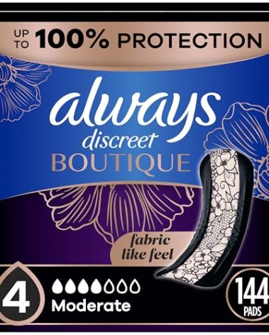 Always Discreet Boutique Incontinence Pads, for Bladder Leaks, Moderate Absorbency, Regular Length, 144 Count (3 Packs of 48)