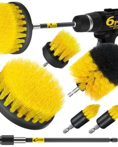 Holikme 6Pack Drill Brush Power Scrubber Cleaning Brush Extended Long Attachment Set All Purpose Drill Scrub Brushes Kit for Grout, Floor, Tub, Shower, Tile, Bathroom and Kitchen Surface，Yellow