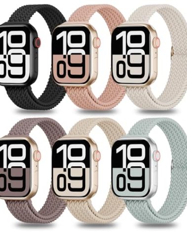 6 Pack Thin Stretchy Braided Compatible with Apple Watch Band 38mm 40mm 41mm 42mm 44mm 45mm 46mm 49mm Women Men, Solo Loop Nylon Slim Strap for iWatch Bands Series 11 10 SE 9 8 7 6 5 4 Ultra 3 2 1