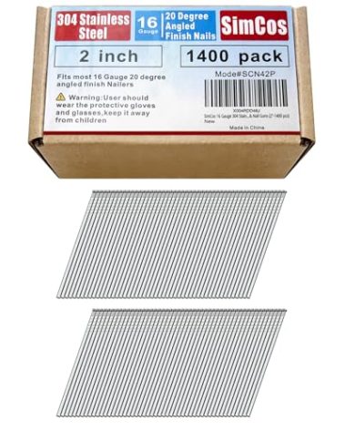 SimCos 16 Gauge 304 Stainless Steel Angled Finish Nails – 1-1/4” to 2-1/2 Inch, 20-Degree | Compatible with Pneumatic/Electric Angled Finish Nailers & Nail Guns (2"-1400 pcs)