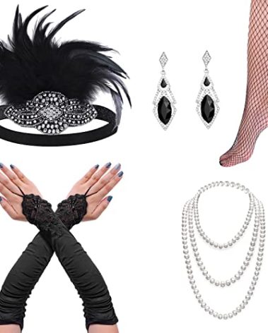cridoz Flapper Accessories, 1920s Gatsby Accessories for Women Includes Flapper Headbands Necklace Gloves Black
