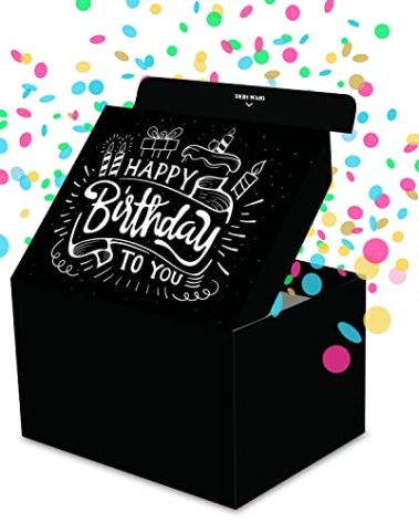 FETTIPOP Gift Box Surprise Exploding Confetti Kit (Black Premium) Happy Birthday, Prank Pop Up 7.2x5.5x4.3 in.