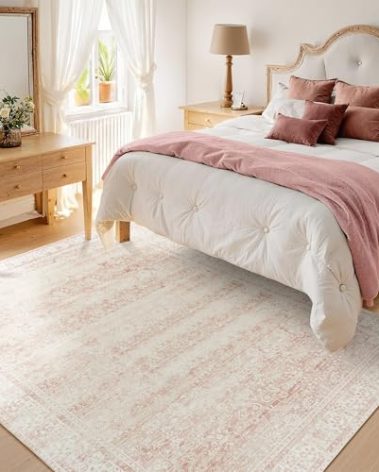 Light Pink Bedroom Rugs 6x9 Aesthetic Cute Boho Floral Feminine Soft Faux Wool Machine Washable Carpet Area Rugs for Kids Room Playroom Office