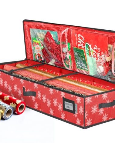 HOLDN’ STORAGE Premium Wrapping Paper Storage Container - Durable 600D Tear-Proof, Fits 27 Rolls Gift Wrap, Extra Pockets for Ribbons & Bows, Underbed Storage - Ideal for Holiday Christmas
