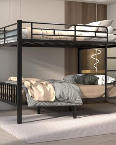 Mixcous Queen Over Queen Bunk Bed for Adults & Teens, Heavy Duty Metal Bunk Bed with EVA Anti-Slip Ladder & Full-Length Guardrails, Noise-Free Queen Bunk Bed Frame with Under-Bed Storage, Black