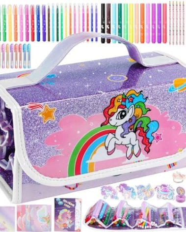 Nicpro 115PCS Unicorn Washable Markers Set with Glitter Pencil Case, Art Supplies for Kids Ages 4-6-8, Arts Crafts Coloring Set with Stickers, Unicorn Birthday Gifts for Girls 4 5 6 7 8 9 Year Old