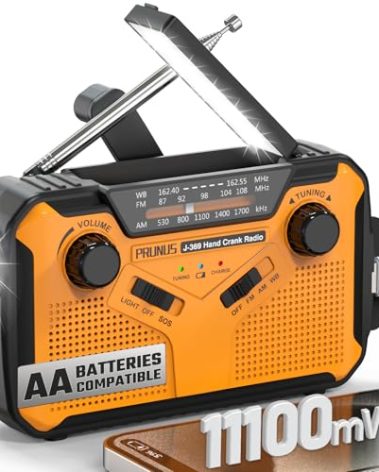 PRUNUS J-369 11100mWh Emergency Weather Radio, AA Batteries/Hand Crank/Solar/USB Charging, NOAA/AM/FM, LED Flashlight and Reading Lamp,SOS Alarm & Flashlight