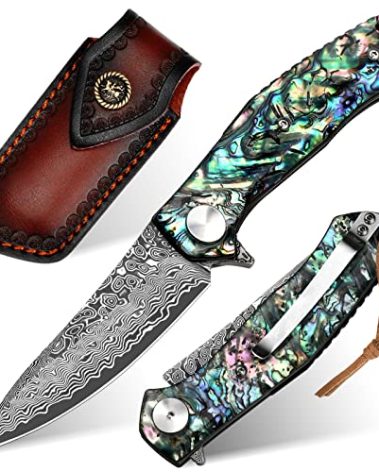 Benkey Damascus Pocket Knife with Clip Leather Sheath Sharp VG10 Core Folding Knife, EDC with Liner Lock Unique Abalone Seashells Handle for Outdoor Survival Camping Collection