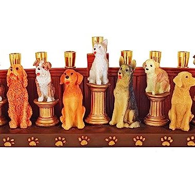 Aviv Judaica Hanukka Dogs & Puppies Themed Menorah Quality Earthenware Candle Holder Menorahs for Kids Adults Functional Collectible 3D Sculptured Dogs fits Standard Chanukah Candles Hanukiah