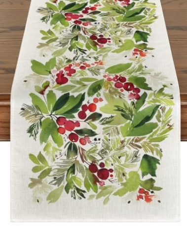 Artoid Mode Watercolor Holly Christmas Table Runner, Seasonal Winter Xmas Holiday Kitchen Dining Table Decoration for Indoor Outdoor Home Party Decor 13 x 72 Inch