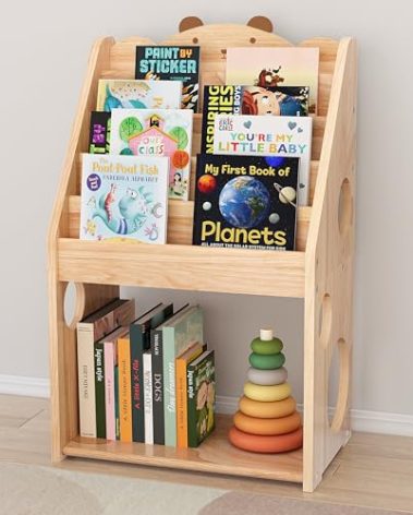 Woodtoe 5 Tier Montessori Bookshelf with Toy Storage, Large Toddler Bookshelf with Chalkboard, Baby Bookcase Book Display Shelve for Kids Bedroom, Nursery, Classroom, Kids Furniture for Boys Girls 1+