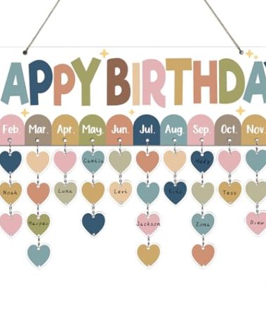 Boho Colorful Birthday Reminder Calendar Wall Hanging Decor(16x5in) DIY Birthday Tracker Calendar Board with 110pcs Wood Tag Birthday Sign Reminder Plaque for Office Classroom Bulletin Board Family