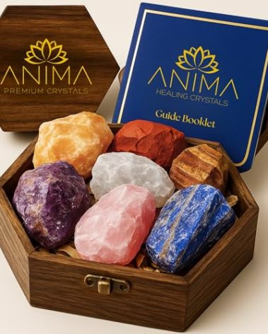 Anima Premium 7 Chakra Healing Crystals Set for Energy Alignment - Large Raw Amethyst, Rose Quartz, Citrine, Lapis Lazuli, Clear Quartz, Tigers Eye & Red Jasper - Wooden Gift Box & Guidebook Included