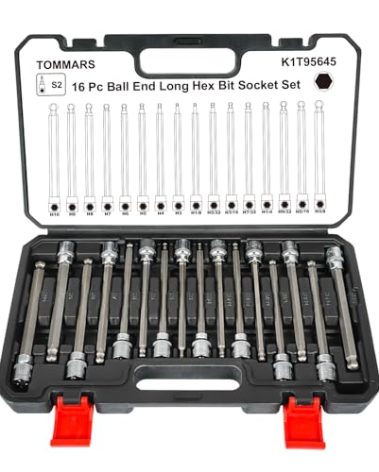 TOMMARS 16-Pc 3/8 Inch Drive Ball End Long Hex Bit Socket Set, Extra Long Allen Socket Set, CR-V and S2 Steel, SAE & Metric 1/8-3/8 in., 3-10 mm.