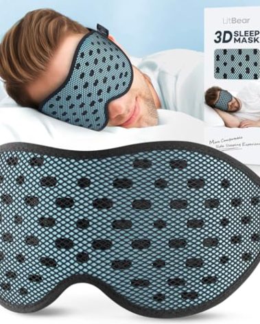 LitBear Breathable Sleep Mask, 3D Eye Mak Sleep for Side Sleepers Women Men, Light Blocking Sleeping Mask with Adjustable Strap, Soft Lightweight Eye Cover for Travel, Night Work, Nap -Ice Blue