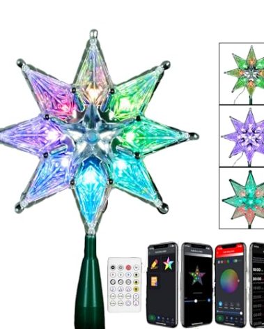 Christmas Silver Star Tree Topper Lights 11in 10LEDS, Eight-Point Star, Smart App Remote Control Topper Lighted, LED Color Changing Tree Star Sync with Music, Dimmable, Timer, Xmas Party Gift Décor