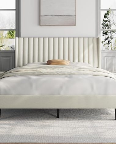Yaheetech Queen Bed Frame Upholstered Platform Bed with Fabric Headboard, Wing Edge Design/Non-Slip and Noise-Free/Wooden Slats Support/No Box Spring Needed/Easy Assembly, Ivory Queen Bed