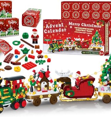 Advent Calendar 2025 Christmas Train Building Blocks Set, 24 Boxs Surprise Christmas Countdown Toy Building Kits With LED Light,Thanksgiving Xmas Gifts for Kids Adults