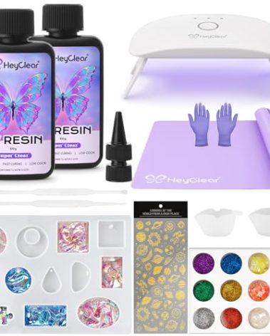 HeyClear UV Resin Kit 200g with UV Light, Molds and Casting Tools -Super Clear, Hard, Low Odor, Premixed and Fast Curing UV Glue for Coating, Jewelry Making, DIY Craft Decorations