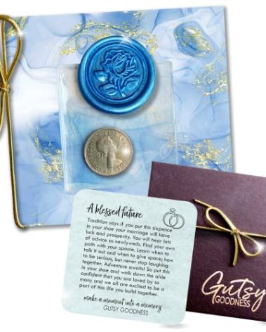 Authentic Silver Sixpence Coin For Bride's Shoe - 4 Piece Set Includes 1954 Sixpence, Sentimental Message Card, Something Old New Borrowed Something Blue Tradition Wedding Poem Card, Keepsake Gift Box