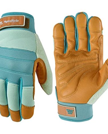 Wells Lamont Women's HydraHyde Leather Hybrid Gloves – Water-Resistant, Durable Cowhide Palm, Spandex Stretch Back – Ideal Landscaping/Farming/Gardening Gloves – Adjustable Wrist – Small, Blue (3250S)