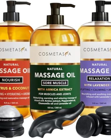 Cosmetasa Massage Oil Spa Gift Set for Women – Relaxing Lavender, Warming Arnica & Nourishing Citrus & Coconut Oils – Includes Roller Ball, Thumb Saver & Hot Stones – Self Care Kit & Body Massage Oils