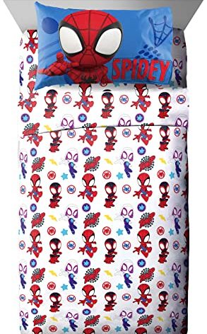 Jay Franco Kids Sheet Set with Fitted, Flat Sheets & Pillow Cover - Ultra-Soft Bedding with Pillowcase for Room Decor, White - Spidey & Friends, 3 Piece Toddler