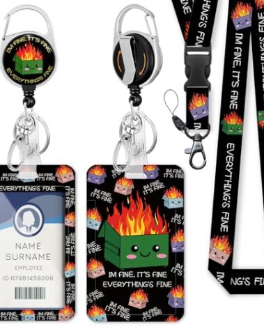 Dumpster on Fire Badge Reels Retractable Heavy Duty, Funny ID Badge Holder with Detachable Lanyard, 360° Swivel Carabiner Belt Clip, I'm Fine It`s Fine Everything is Fine