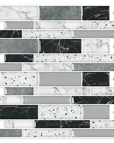DEWOO 20-Sheet Peel and Stick on Self Adhesive Backsplash Wall Marble Tiles Stickers 3D for Kitchen Bathroom,Black (12"×12")