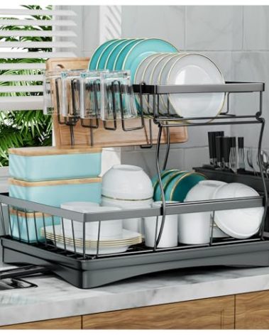 7 code Large Dish Drying Rack for Kitchen Counter, Detachable Large Capacity Dish Drainer Organizer, 2-Tier Dish Racks with Utensil Holder, Black