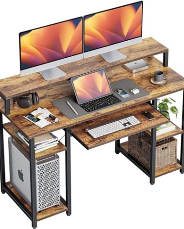 CubiCubi Computer Desk with Keyboard Tray, 47 Inch Office Desk with Monitor Stand and Storage Shelves, Music Studio Desk Workstation, Work Table for Home Office, Rustic Brown