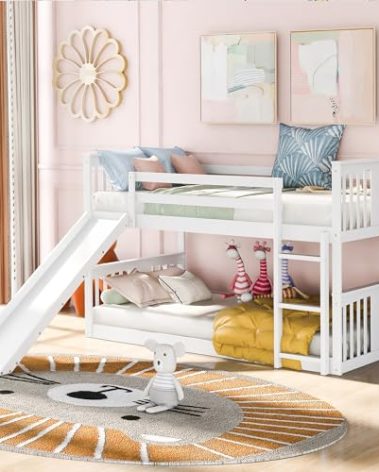 Montessori Floor Bunk Bed Twin Over Twin, Twin Bunk Bed with Slide and Ladder, Kids Bunk Beds with Guardrail Headboard and Footboard, Low Bunk Beds for Kids, Boys, Girls, Twin Bunk Bed White