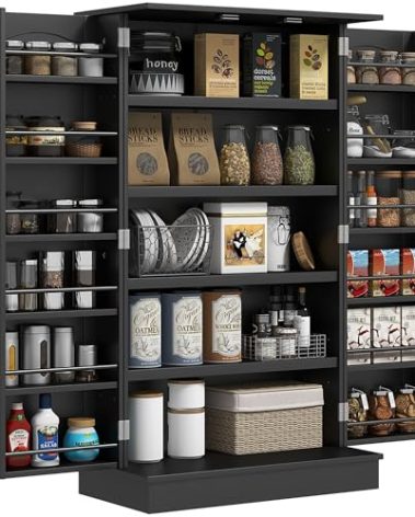 HOMCOM 41" Kitchen Pantry Storage Cabinet, Freestanding Kitchen Cabinet with 12 Door Shelves, Double Doors, 5-Tier Shelving and Adjustable Shelves, Black