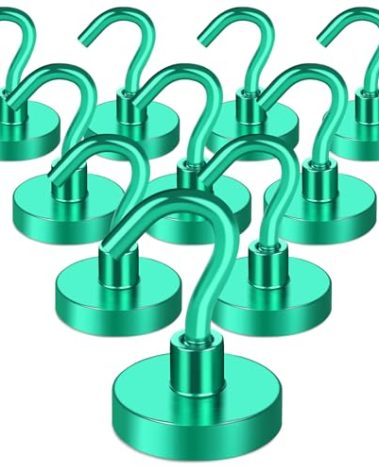 MIKEDE Magnetic Hooks, 50Lbs+ Heavy Duty Magnet Hooks for Cruise Cabins, Super Neodymium Hanging Hooks Strong Magnets with Hook for Fridge, Magnetic Hanger for Grill, Toolbox, Storage(Green, 10 Pack)