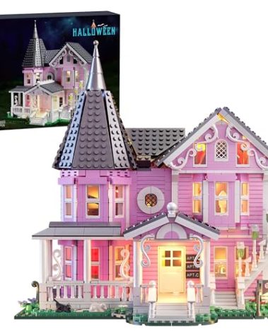 Pink Palace Apartment Building Set with Lights, 1349PCS Halloween Haunted House Blocks Compatible with Lego, Christmas Birthday Gifts for Kids & Collectors Aged 8+