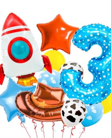 Toy Themed Number 3 Balloon, Happy Birthday Colorful Balloons With Rocket and Cowboy Hat, Rainbow for Kids Party (3)